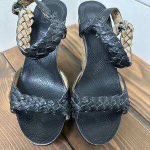 Frye Braided "Braylin" Leather Ankle Strap 5 inch Cork Wedge - Black